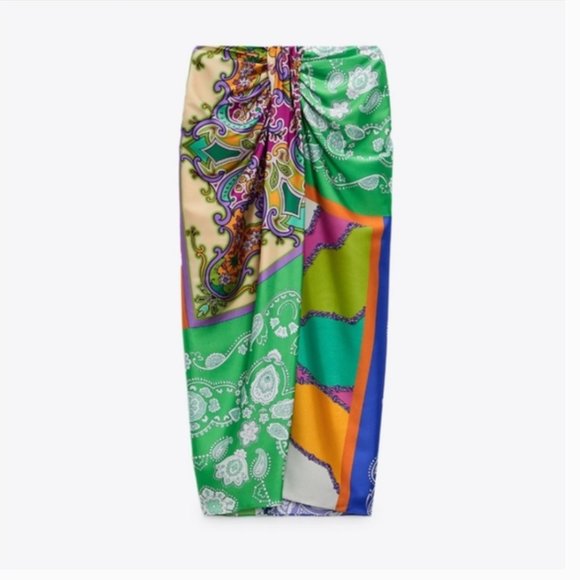 Zara Printed High Waisted Skirt With Knot Pareo MIDI Green Paisley Small - Picture 5 of 9